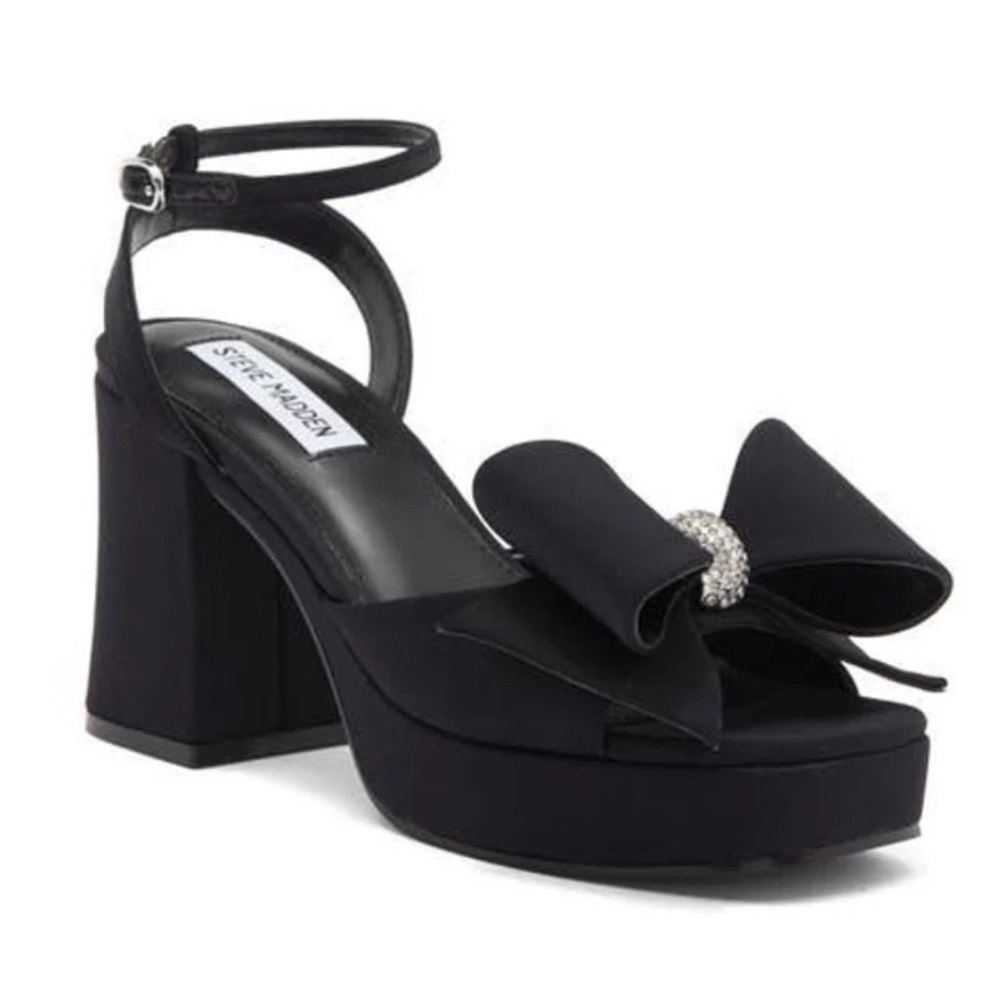 Steve Madden Aerin Black Fabric Platform Bow Rhinestone Block Heel Sandals 8M